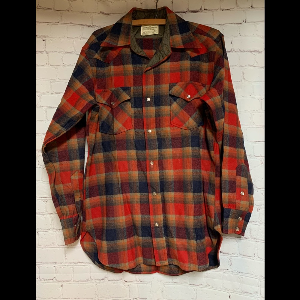 Vintage 70s Pendleton High Grade Western Wool Plaid Snap Shirt M